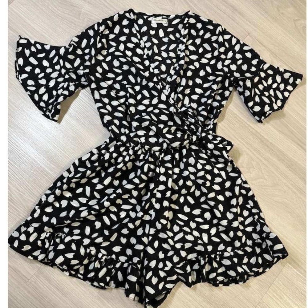 Blueberry Black White Print Wrap Romper Ruffle Sleeve V-Neck Tie Waist